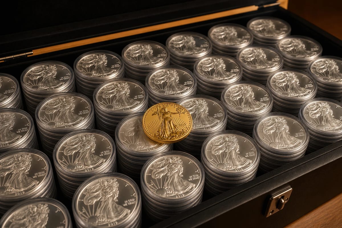A storage case of full silver tubes with a gold coin on top — beyond 100 ounces
