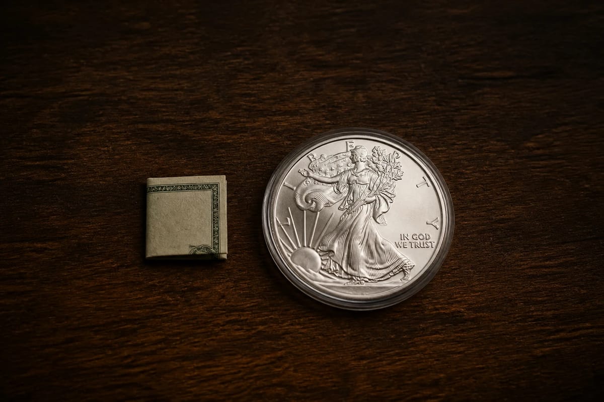A dollar folded tiny beside a full-size silver coin