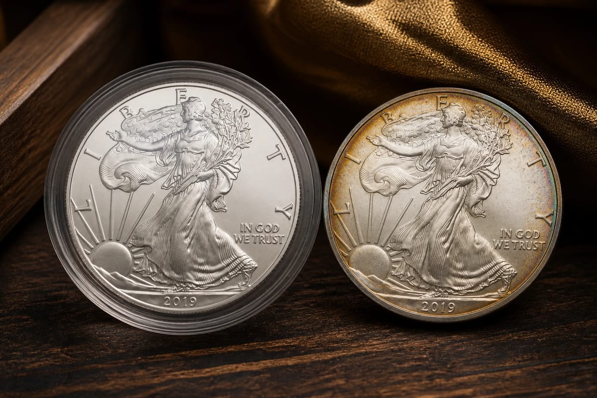 Two coins: one capsuled and pristine, one bare with rim toning
