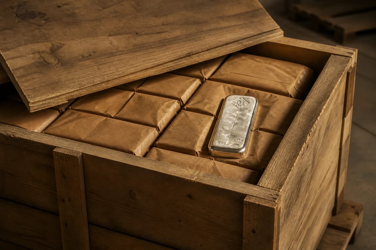 An export crate of wrapped silver bars, lid ajar