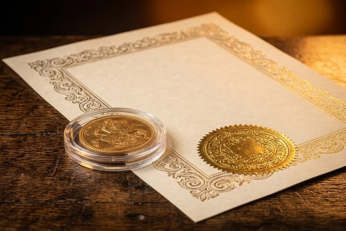 A parchment certificate with an embossed gold seal beside a gold coin in a clear protective capsule