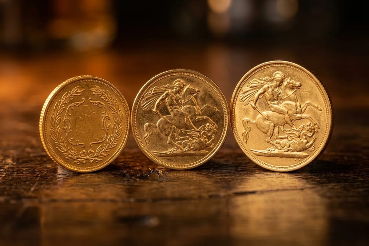 Three classic gold sovereign-style bullion coins standing side by side, catching warm light