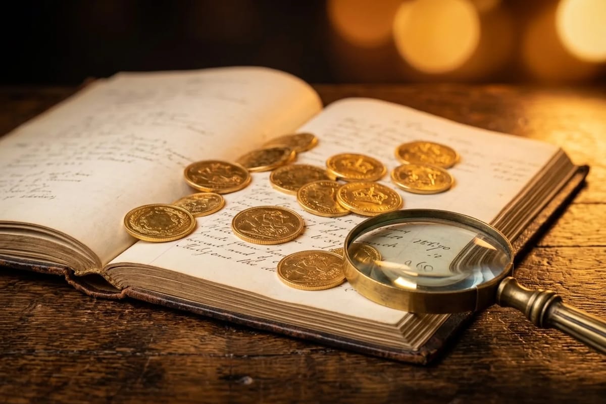 Antique gold coins scattered across the pages of a vintage handwritten ledger with a brass magnifying glass