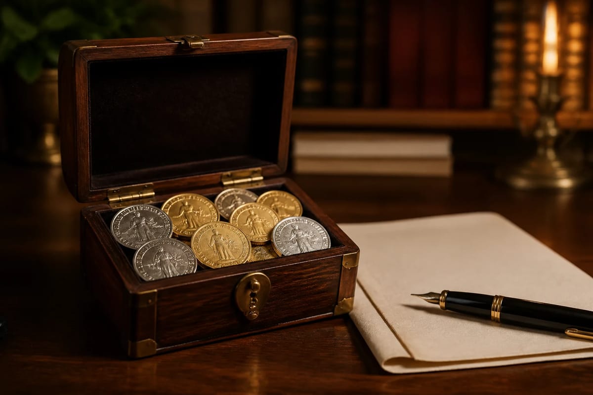 Heirloom box of gold and silver coins next to a fountain pen and folded document