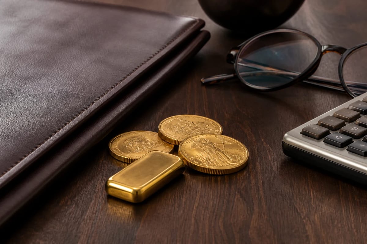 Gold coins and a small gold bar on a desk beside a folder, glasses and calculator