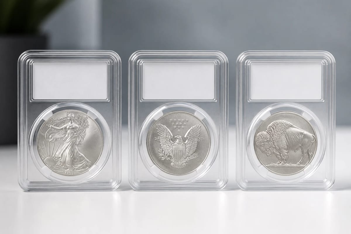 Three graded-coin slabs standing in a row, each holding a silver coin