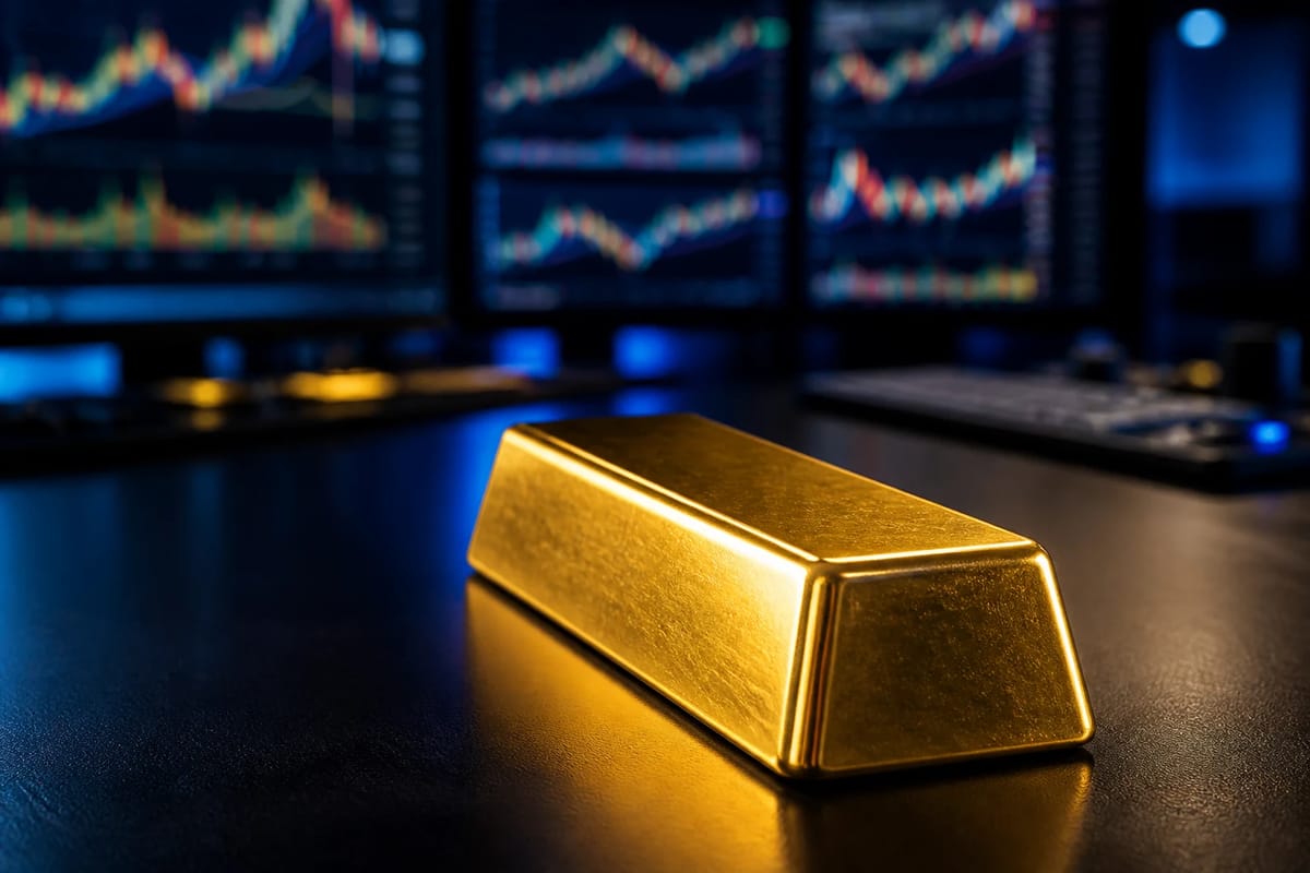 A gold bar on a trading desk with price charts glowing on screens behind it