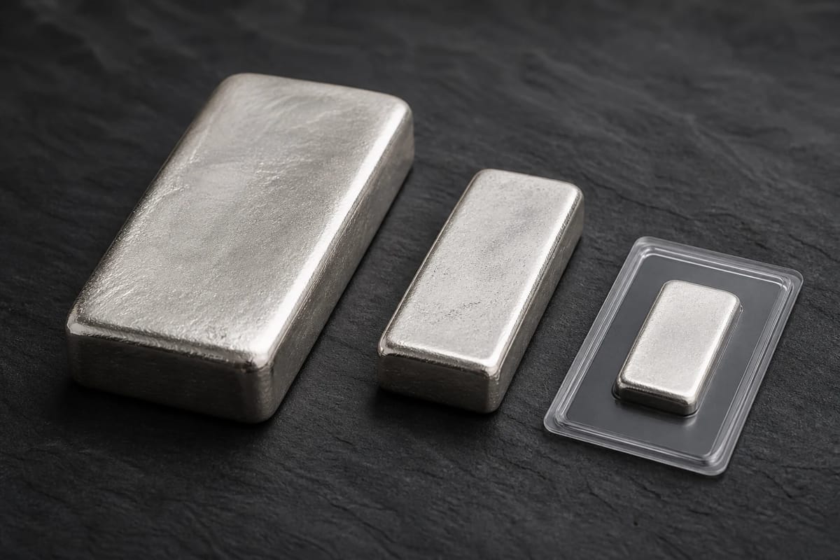 1 oz, 10 oz and 100 oz silver bars side by side, the smallest sealed in an assay card