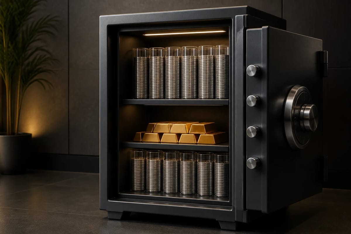 Open home safe with tubes of silver coins and gold bars on its shelves