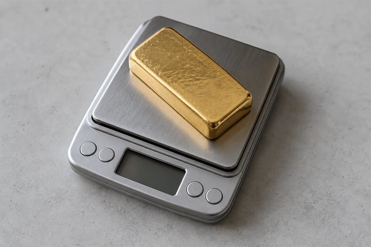 A 100 gram gold bar on a jeweler's scale