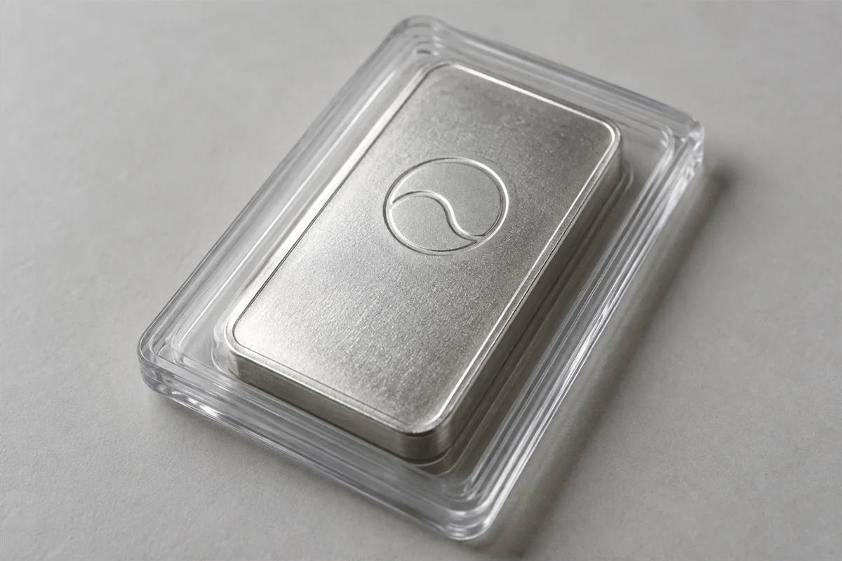 A 1 oz silver bar sealed in a clear assay card, the format Costco uses for the Kirkland Signature bar