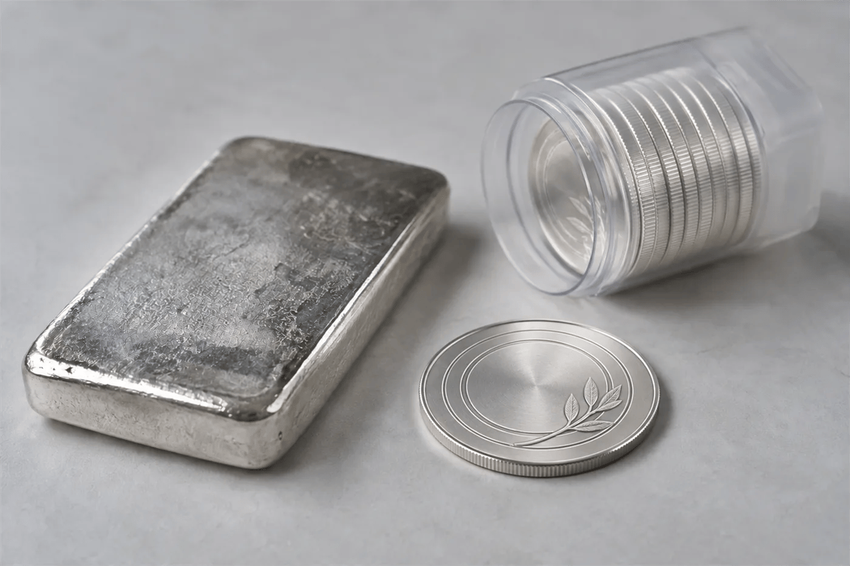 A 10 oz silver bar beside a tube of 1 oz silver coins