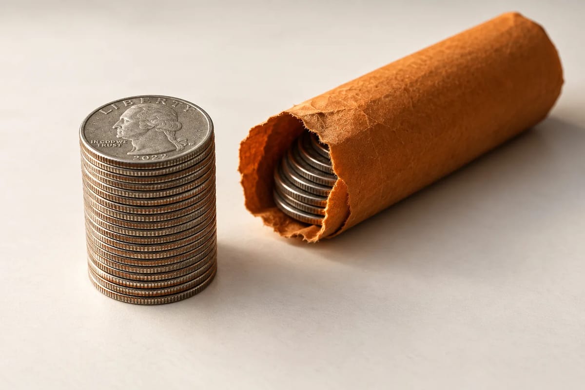 A roll of quarters holds 40 coins, $10 face value