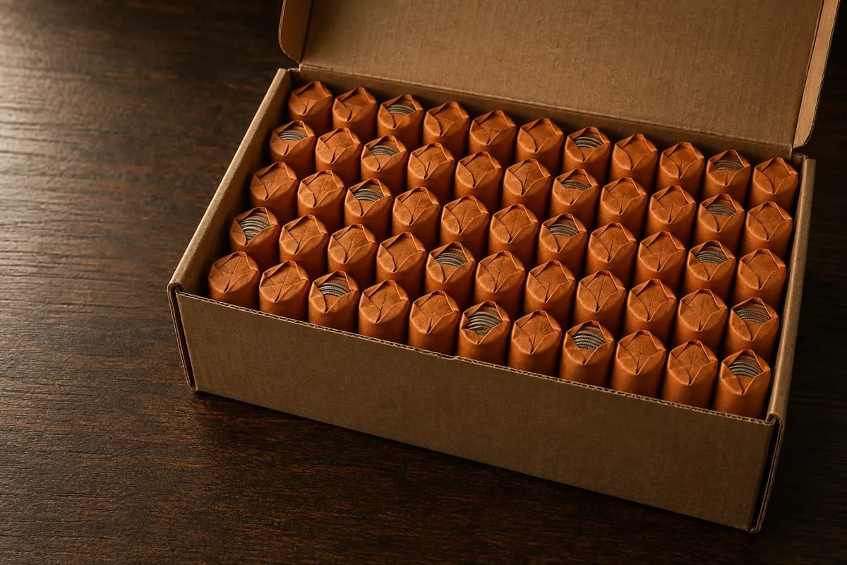 A bank box holds 50 rolls of quarters, $500 face value