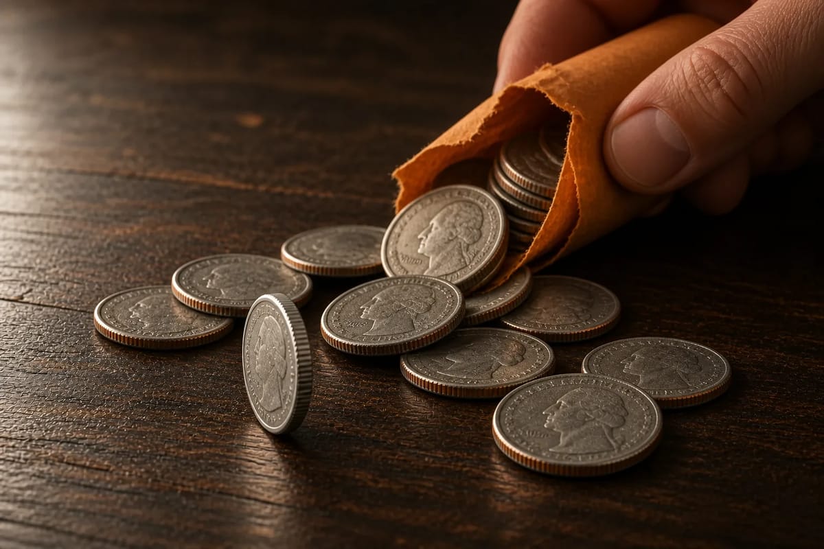 Coin roll hunting: a silver edge stands out in a roll of clad quarters