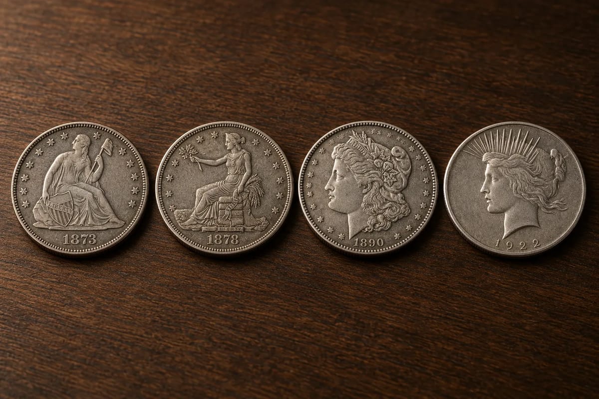 Seated Liberty, Trade, Morgan and Peace silver dollars side by side