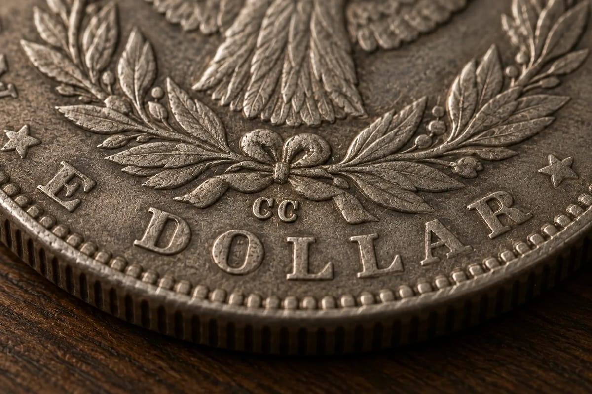 Close-up of the CC mint mark below the wreath on a Morgan dollar reverse