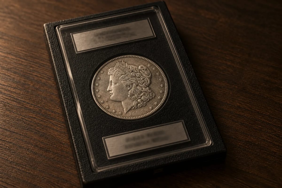 Carson City Morgan dollar in its original black GSA hoard holder