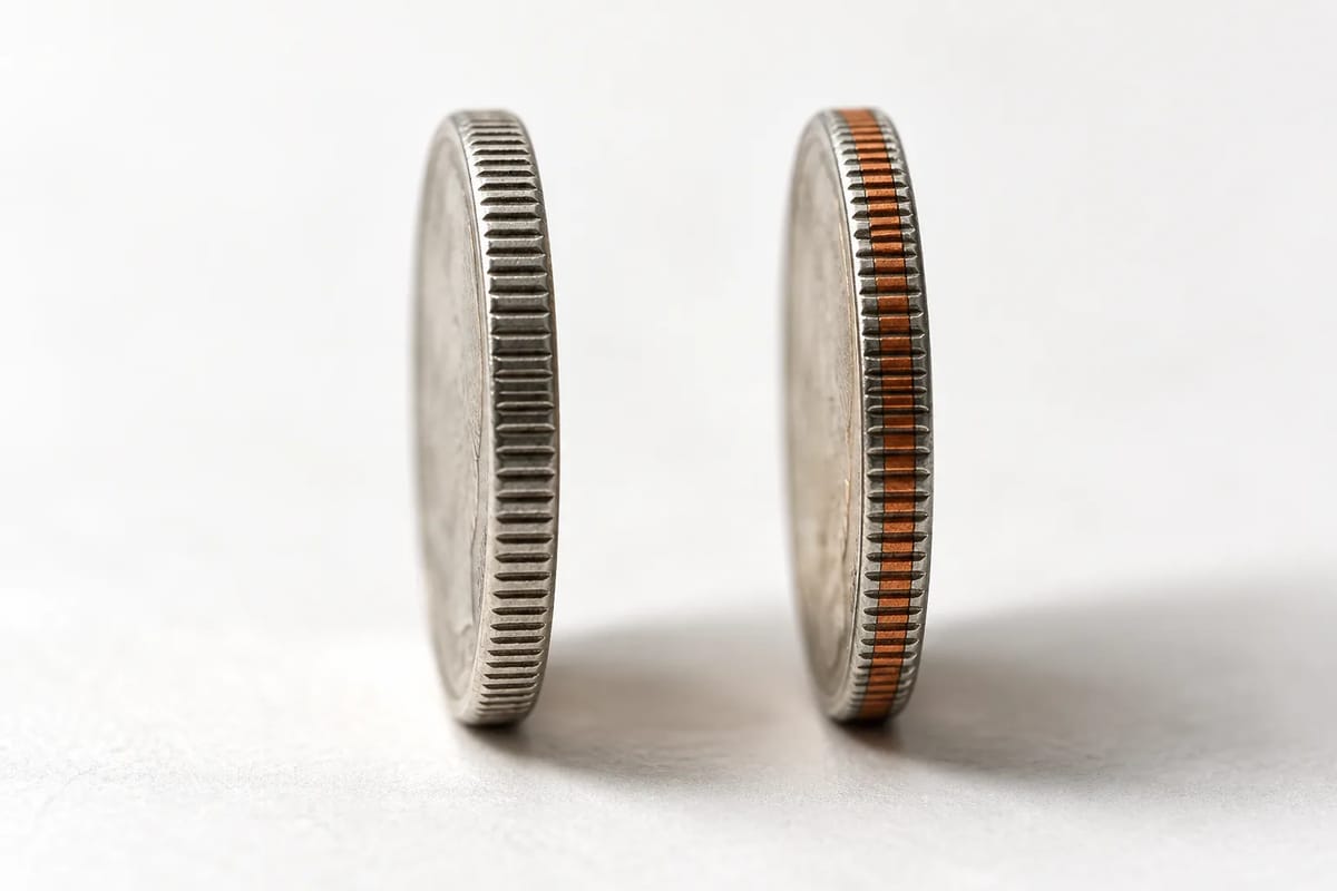 Solid silver edge of a pre-1965 dime next to the copper stripe of a clad dime