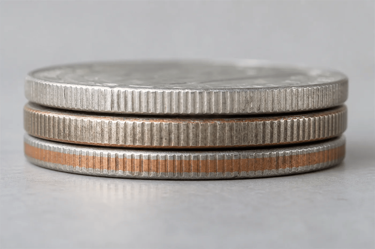 Three half dollars stacked edge-on: a solid silver edge, a faint 40 percent silver layer, and a clad coin with a copper stripe