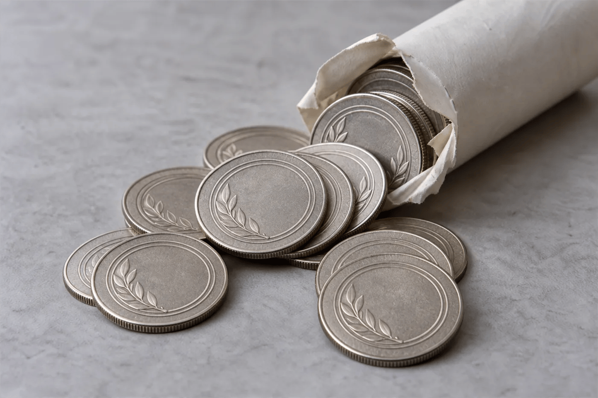 An opened paper roll of half dollars