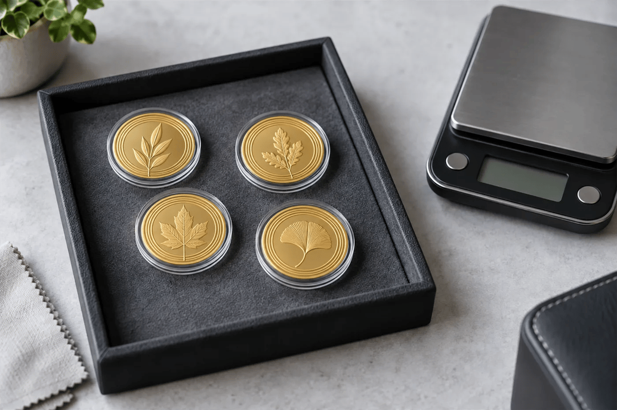 Gold bullion coins in capsules on a jeweler's tray next to a digital scale