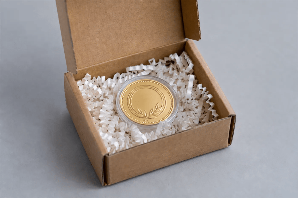 A small rigid shipping box with a gold coin in a capsule and packing material