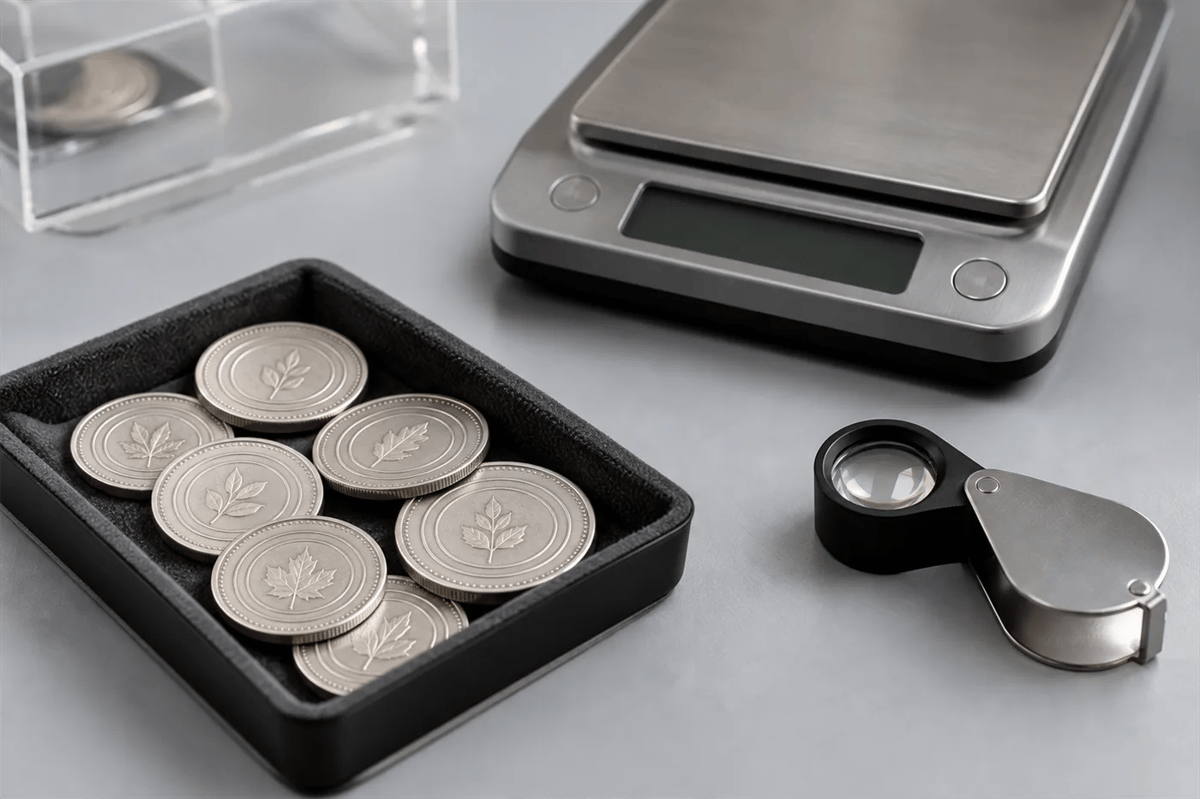 A coin dealer's counter with a scale, a loupe and a tray of silver coins