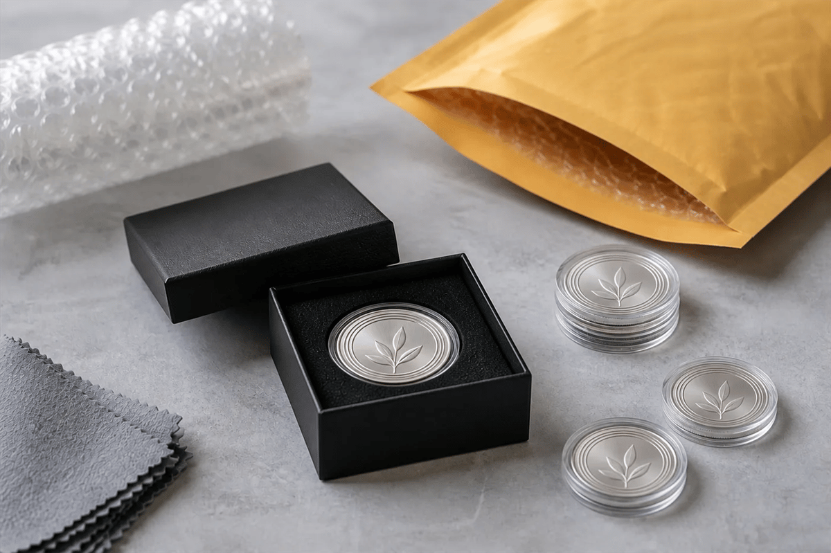Silver coins in capsules being packed into a padded envelope and a small rigid box