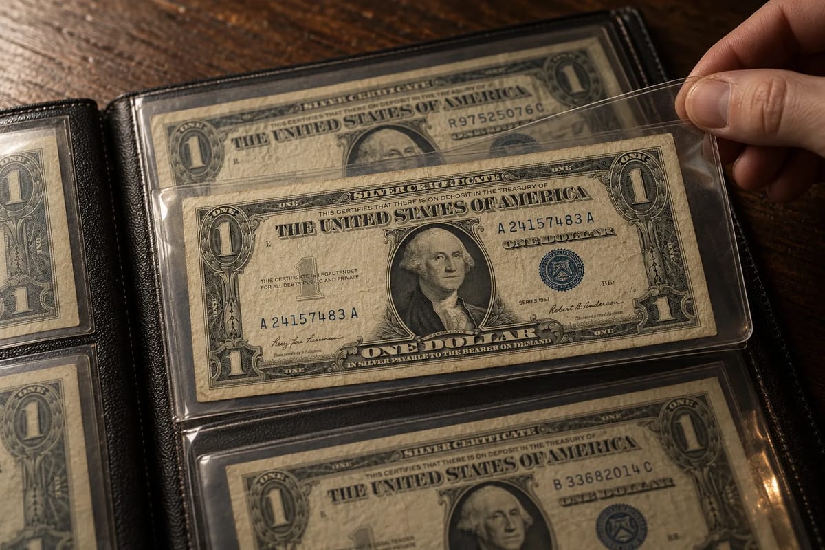 Silver certificates stored in archival currency sleeves