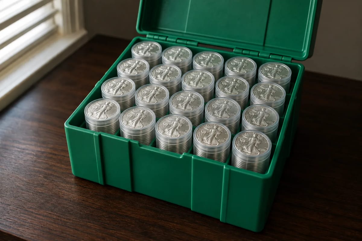 An open US Mint monster box holding 25 tubes of American Silver Eagles
