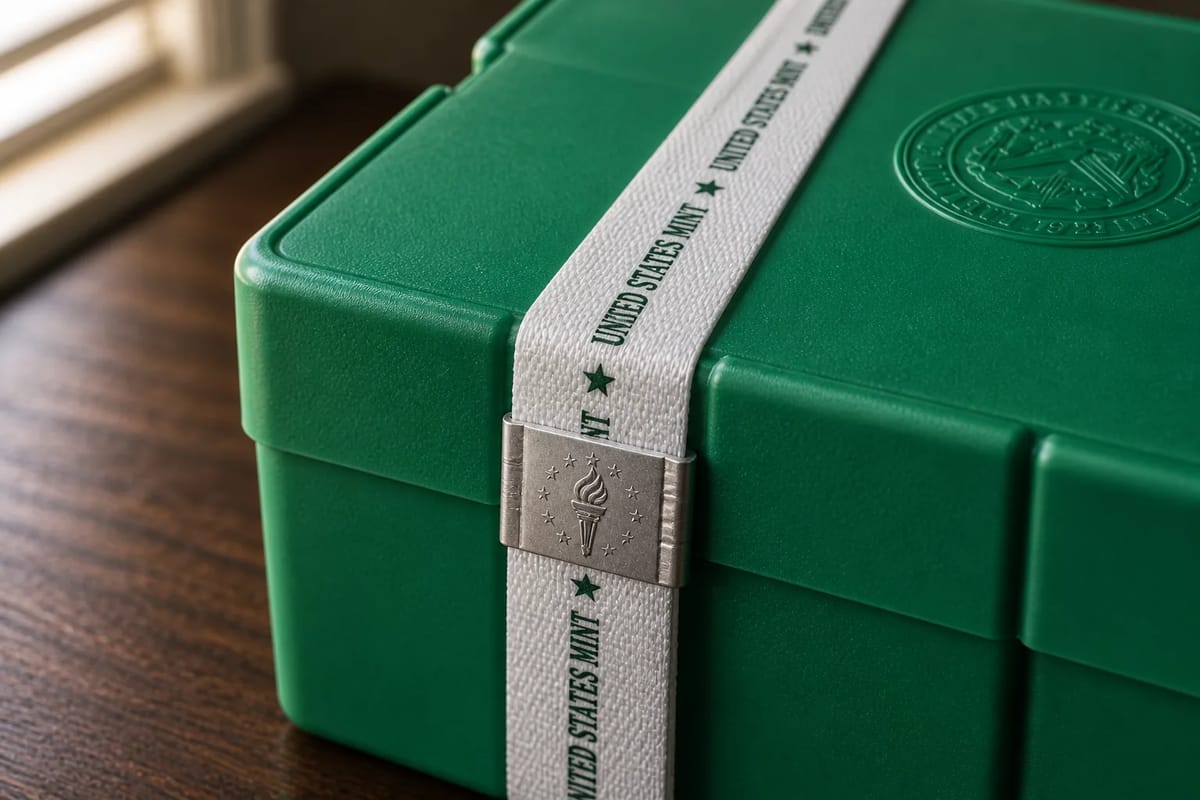 Close-up of the tamper-evident strap on a sealed US Mint monster box