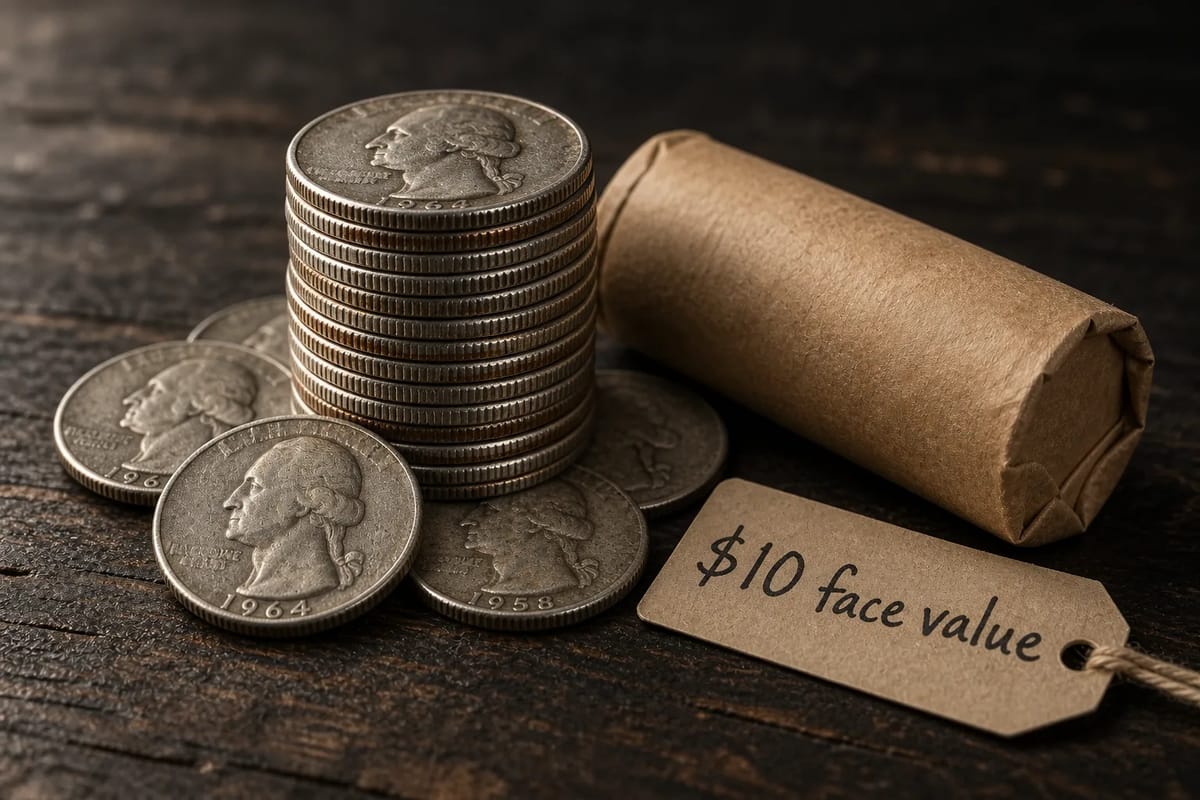 A $10 face-value roll of 90% silver Washington quarters