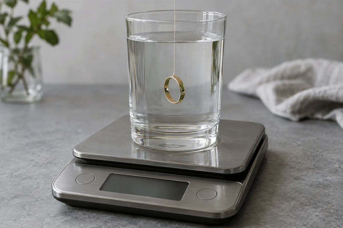 A gold ring suspended in a glass of water on a digital scale for a density test