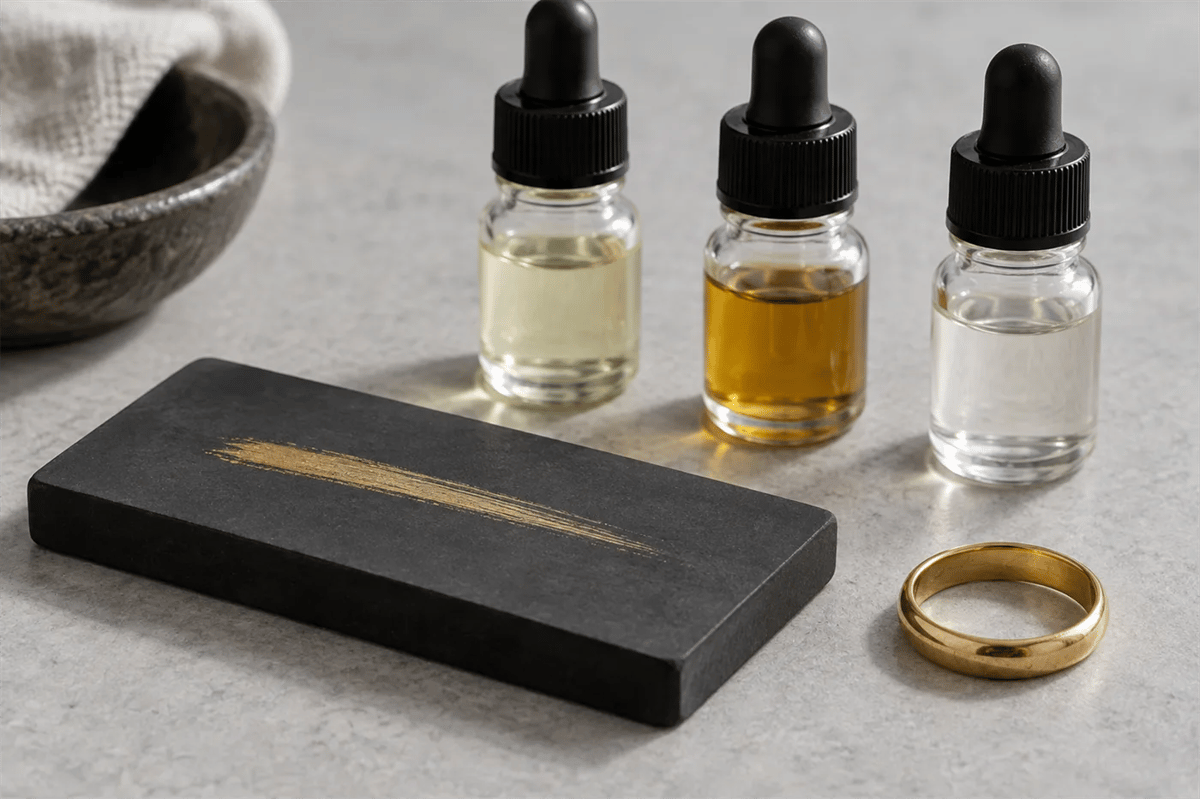A black testing stone with a gold streak, dropper bottles of test acid and a gold ring