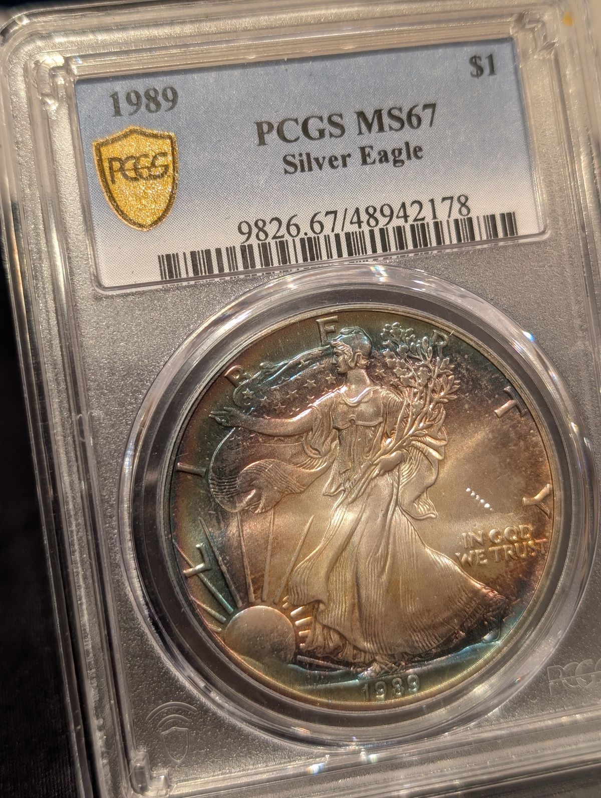 1989 Silver Eagle MS67PCGS Monster Crescent Toner! | PeerMetals