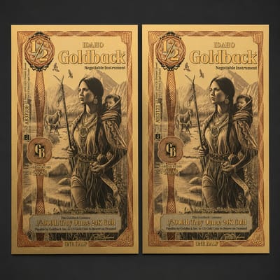 Lot of 2 2023 Idaho 1/2 Goldback 24K Gold Notes 1/2000 oz Each