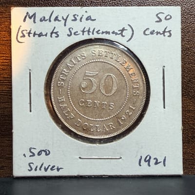 1921 Straits Settlements King George V 50 Cents Silver Coins .500 Fine [00752]