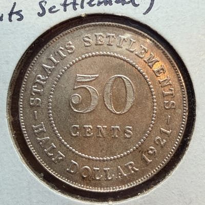 1921 Straits Settlements King George V 50 Cents Silver Coins .500 Fine [00752] - additional view