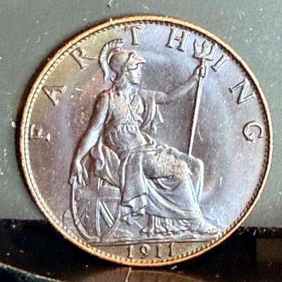 Uncirculated 1911 Great Britain Blackened At Mint Farthing BU George V MS - additional view