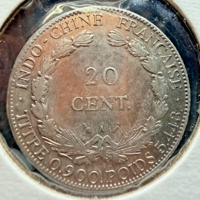 1885 A FRENCH INDOCHINA 20 CENTIMES SILVER COIN Paris Mint .900 Fine 5.4 Grams - additional view