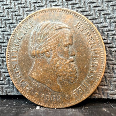 1869 Brazil 10 Reis Foreign Coin Pedro II In Scarce VF Condition