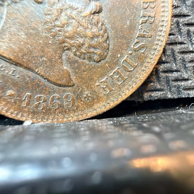 1869 Brazil 10 Reis Foreign Coin Pedro II In Scarce VF Condition - additional view