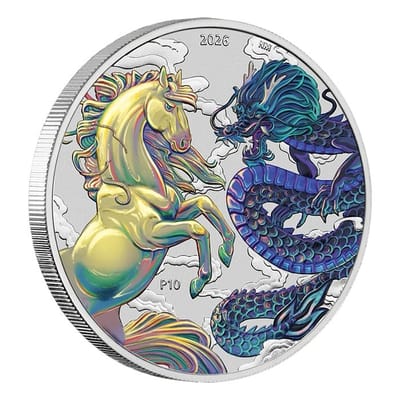2026 Australia Perth Dragon and Horse  Opalite 1 oz .9999 Silver Colorized Coin - additional view