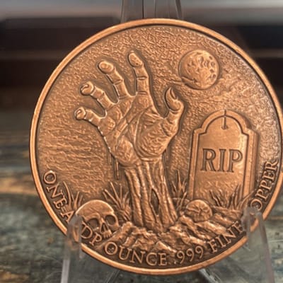 Antiqued Zombie 1 oz .999 Fine Copper Round Horror Undead Coin IN HAND - additional view