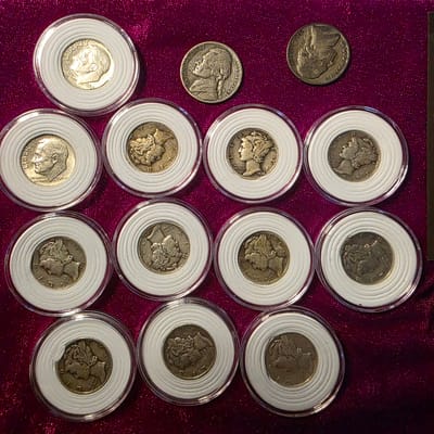 LOT:13 90%SILVER DIMES,2 WAR NICKELS,1/4 GOLDBACK - additional view