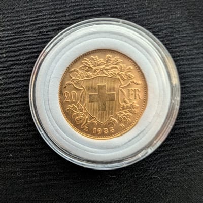 1935 Swiss 20 Franc Helvetia Vreneli Gold Coin  - additional view