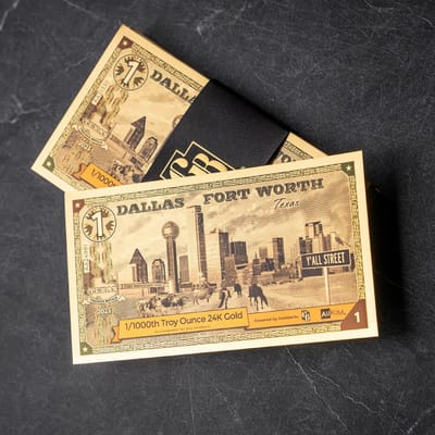 1 DALLAS FORT WORTH TEXAS GOLDBACK AURUM 24K GOLD 
