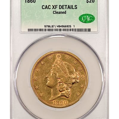 1860 US $20 Gold Lib CAC GRADED XF Details Cleaned