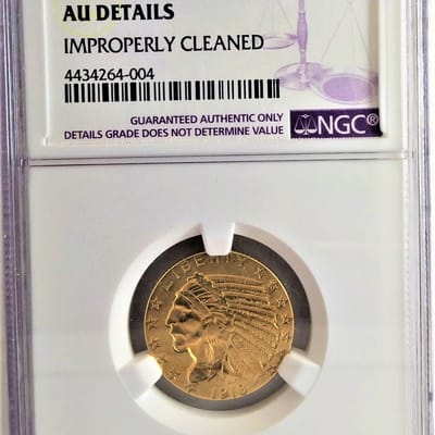 1913 $5 AU-Gold Indian -Details Cleaned 